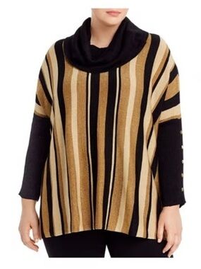 Joseph A Black and Gold Striped Cowl-Neck Poncho Sweater